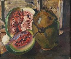 Still life oil painting with watermelons and jugs by Augustin Carrera