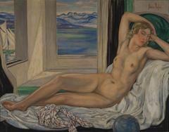 Nude woman lying on the shore by the Mediterranean Sea, painted by Clémentine Hélène Dufau