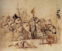 Preliminary drawing of anthropomorphic piggy banks by J. J. Grandville from 1843