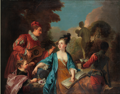 Painting Le goûter dans le parc by Jean Raoux depicting an early 18th-century park scene with an Afro-descendant servant