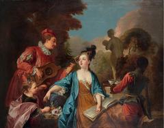 Painting of three aristocrats with an Afro-descendant man-servant in a park