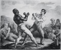 Lithography of a boxing match between a White man and a Black man