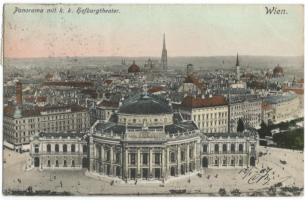 Panoramic view of Vienna cityscape in early 20th century with historic buildings
