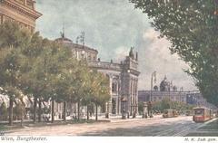 Historic postcard featuring Vienna Ringstraße street view with elegant buildings and horse-drawn carriages
