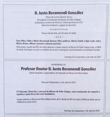 Portrait photograph of Justo Beramendi featured in La Voz de Galicia obituary section with family and MPGLa