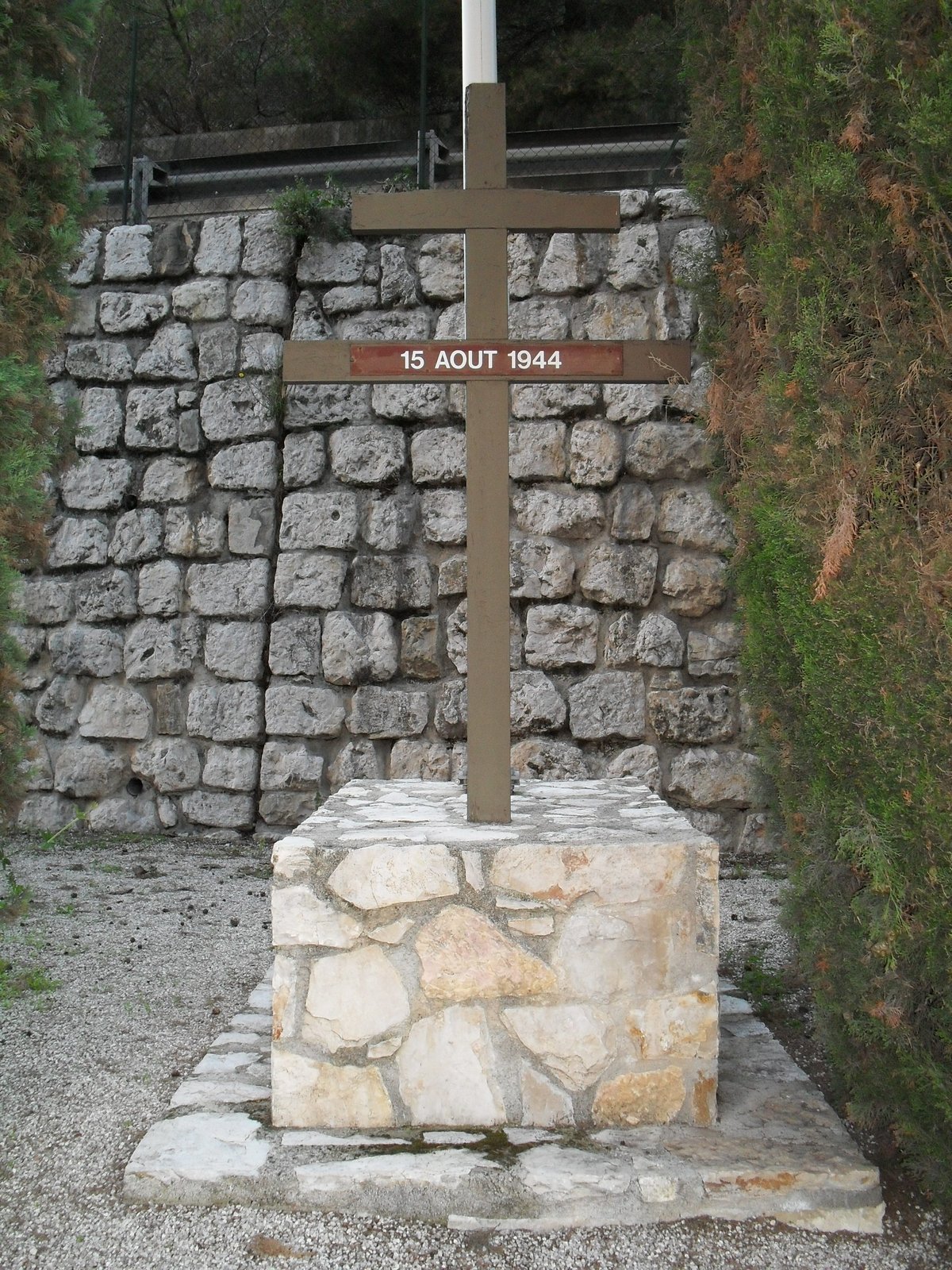 Cross of Lorraine with date August 15, 1944, at the Ariane firing squad memorial in Nice