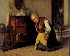 Oil painting The Captured Mouse by Antonio Rotta depicting a young girl with a mouse in a cage