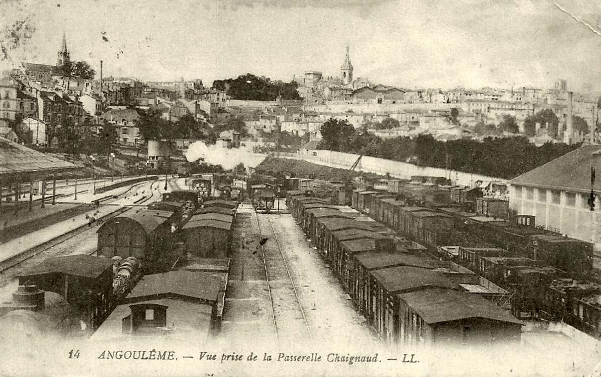 View of Angoulême city from Chaignaud footbridge, showcasing historic buildings and rooftops