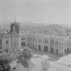 Historic Kuala Lumpur railway station building in 1946 black and white photo