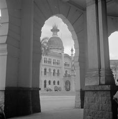 Historic black and white photograph of the Kuala Lumpur train station building in 1946