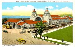 Historic San Diego Union Depot postcard circa 1920 showing Atchison, Topeka and Santa Fe Railway and San Diego and Arizona Railway