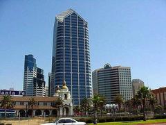 Downtown San Diego skyline with One America Plaza center, Santa Fe Depot in foreground, Emerald Shapery Towers behind