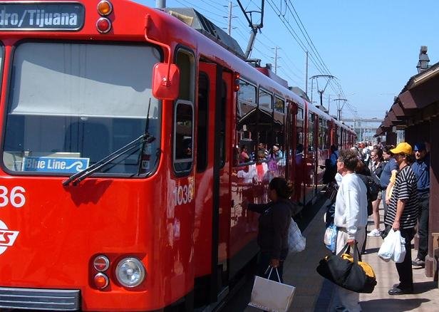 MTS Blue Line train boarding at San Diego Old Town Transit Center