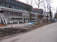 Construction site at Karlsruhe Institute of Technology with cranes and building framework