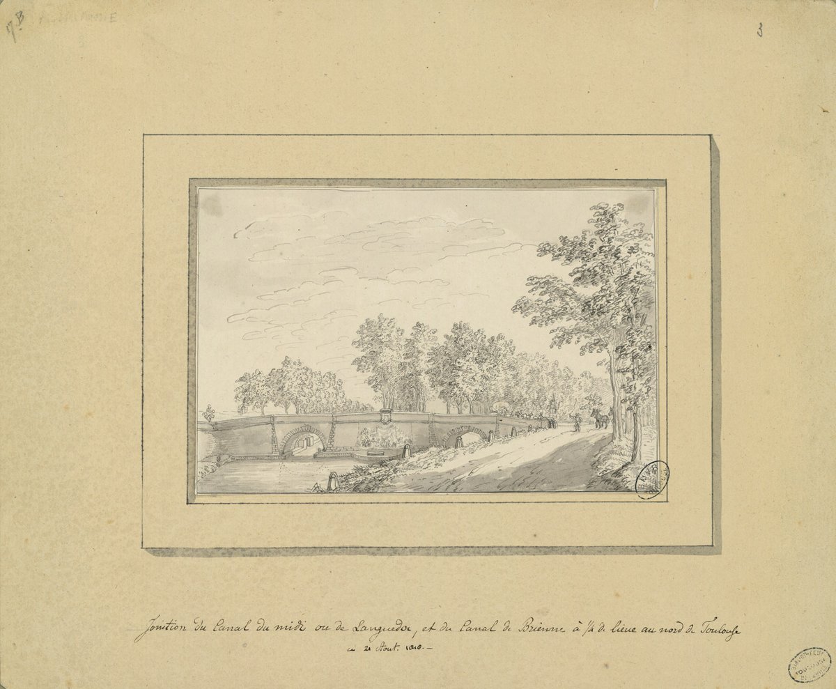Colored copper engraving and ink drawings of the junction of Canal du Midi and Canal de Brienne near Toulouse, dated 1818