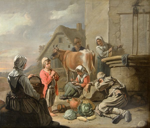 Peasants resting at a well in a rustic outdoor setting