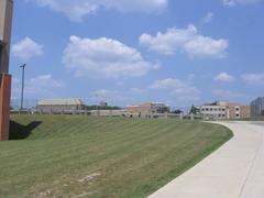 View of La Salle University from South Campus showing Wister Hall, College Hall bell tower, La Salle Union, and Olney Hall