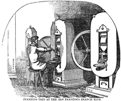 Engraving of 1860 coin stamping machinery at San Francisco Branch Mint