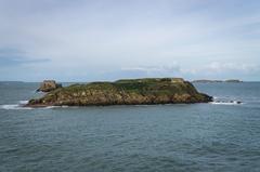 Grand Bé island viewed from Saint-Malo ramparts with Fort du Petit Bé in the background