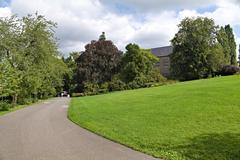 Lush green botanical garden with diverse plants and tall trees in Oslo