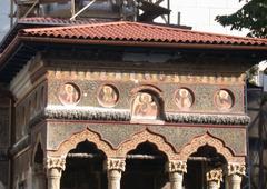 Facade portico of Stavropoleos Church in Bucharest after recent restorations