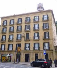 Historic Casco Viejo district in Bilbao with traditional colorful buildings along the river