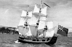 One-fifth size replica of Captain Cook's ship Endeavour II, 22 feet long and 6 feet wide, built by Ralph Sewell in New Zealand