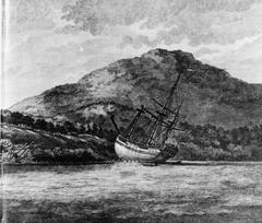 Drawing of James Cook's Endeavour ship careened on a beach for repairs near Endeavour River, 1770