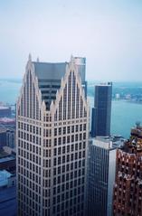 Comerica Tower adjacent to the Guardian Building in Detroit with Renaissance Center nearby