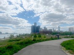 Detroit skyline from Detroit Riverwalk in May 2024 with modern skyscrapers and riverfront views