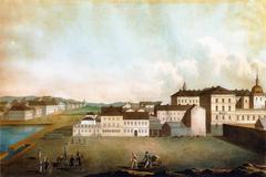 Valerian Galjamin painting of Helsinki's Päävartiontori and Kauppatori seen from Katajanokka with landmarks including Heidenstrauch house (now Presidential Palace) and Senate House (now Government Palace) with old bell tower