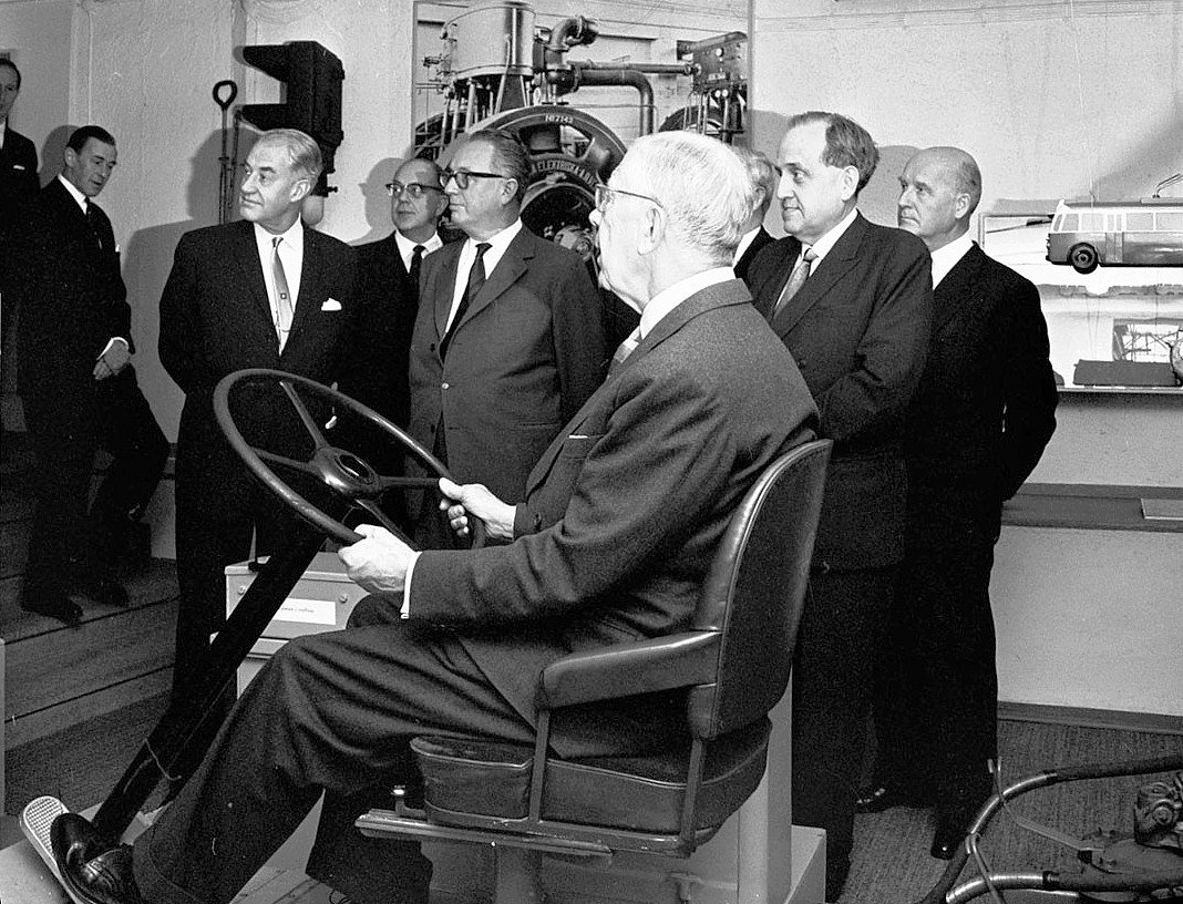 King Gustav VI Adolf visiting Stockholm Transport Museum in 1963