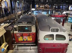 Exterior view of the Tramway Museum in Stockholm with vintage tram cars on display