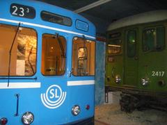 Spårvägsmuseet tram museum building in Stockholm with a vintage tram outside
