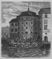 Illustration of Birger Jarl's Tower in Stockholm from 1882 book Gamla Stockholm, showing the historic 16th-century building formerly called Assistance Tower