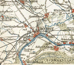 Historical map of Frankfurt-Höchst region in 1893 showing industrial suburb and railway hub with intersecting straight roads