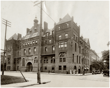 Historic black and white photograph of the Hospital for Sick Children in Toronto, 1929
