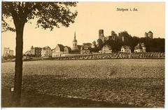 Stolpen Castle in 1913 with bridge and old buildings