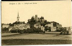 Historical view of Stolpen Castle with church from 1908