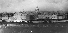 Historic black and white photograph of Hotel-Dieu Hospital in Montreal circa 1865