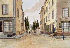 Watercolour and pen and ink drawing of Hôtel Dieu building from St. John Street in Québec City, Canada