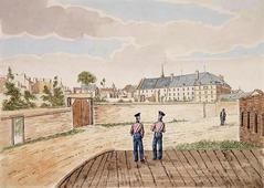 View of Hotel Dieu from the Battery in Québec City, Québec, Canada in watercolor and pen ink