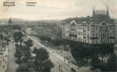 Old black and white photo of Terazije square in Belgrade with historic buildings and street activity