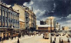 Colorized photograph of Terazije Square in Belgrade circa 1930 with vintage cars and historic buildings