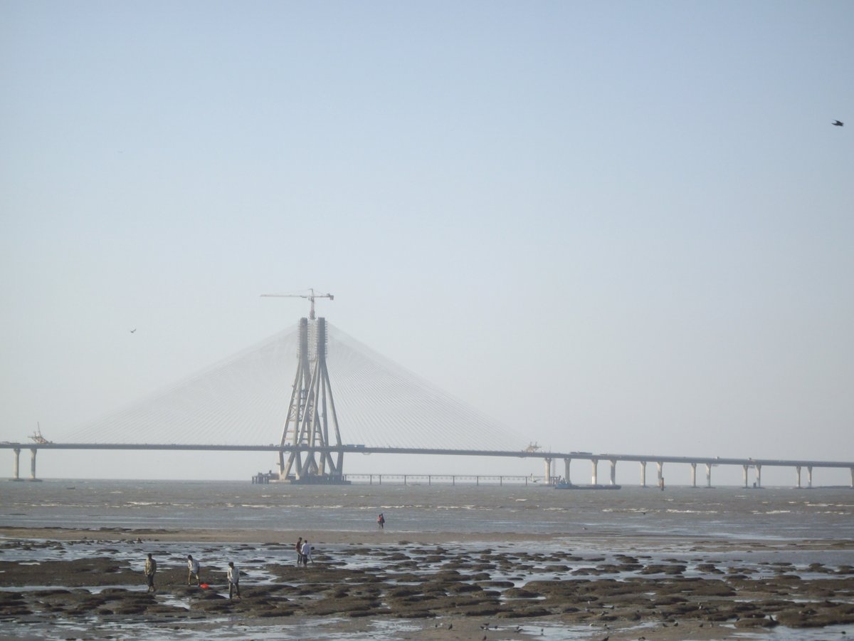 Bandra-Worli Sea Link Bridge viewed from Kirti College Beach during low tide