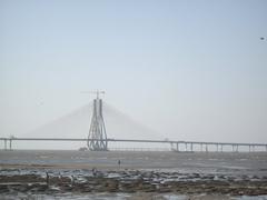 Bandra-Worli Sea Link Bridge viewed from Kirti College Beach during low tide