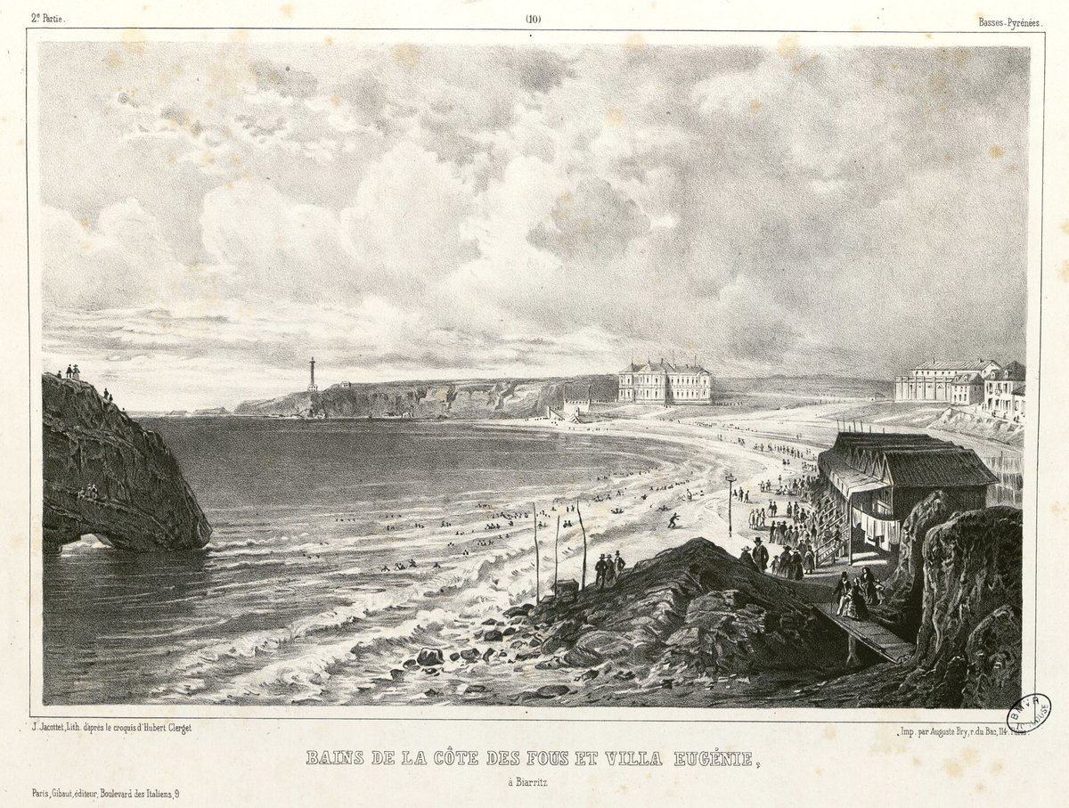Bains de la côte des fous and Villa Eugénie in Biarritz lithograph from the 19th century showing a coastal scene with historic buildings and people