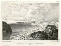 Bains de la côte des fous and Villa Eugénie in Biarritz lithograph from the 19th century showing a coastal scene with historic buildings and people
