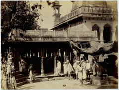Rear view of a large bull statue at Gyanvapi Mosque by the Ganges River in Varanasi, India