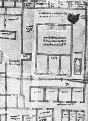 A detailed architectural and land-use map showing the Gyanvapi Compound and its surroundings from historic Tarah Kashijiki records
